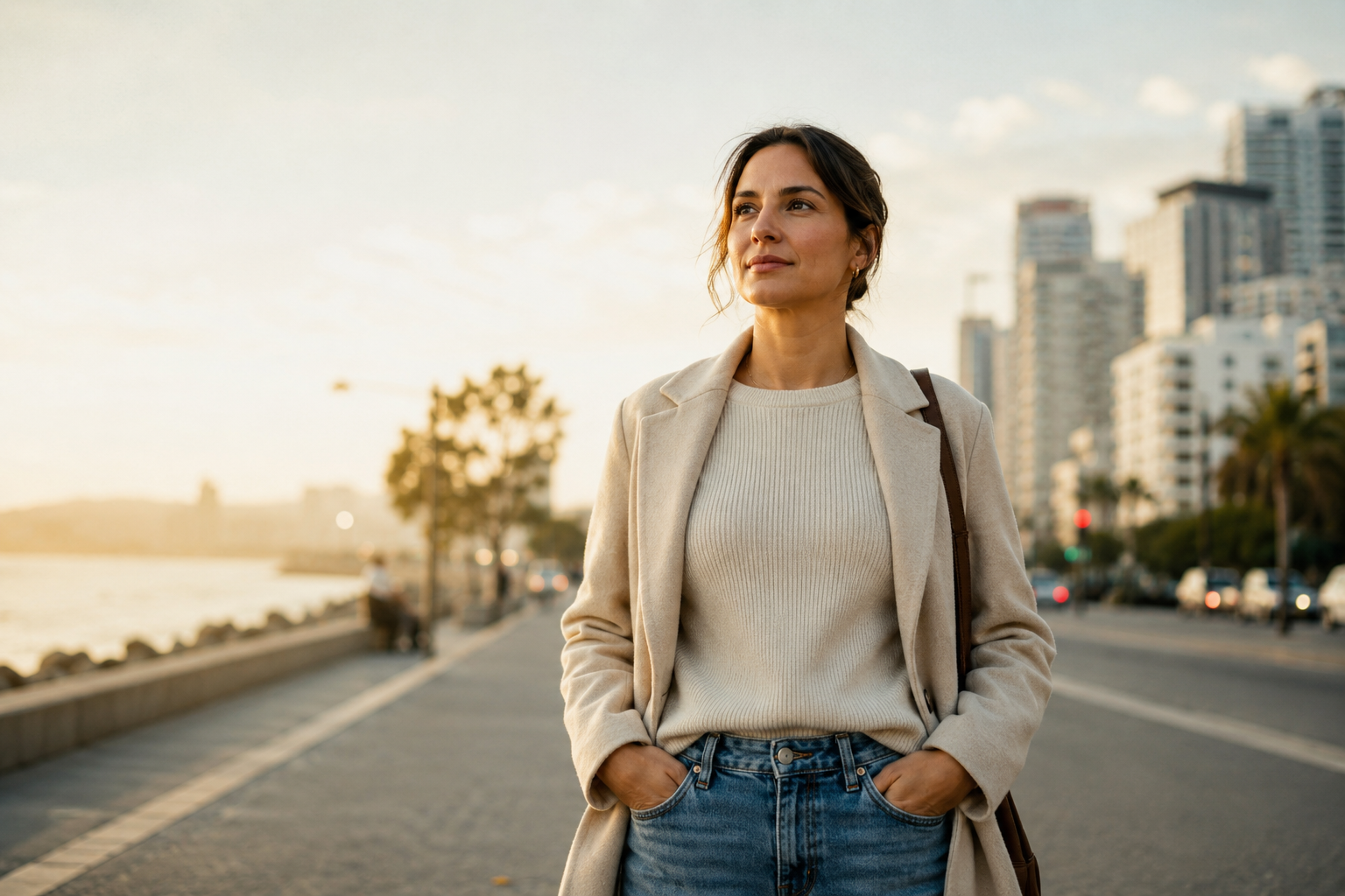 A woman walking a sunlit coastal promenade at golden hour, calm and self-assured