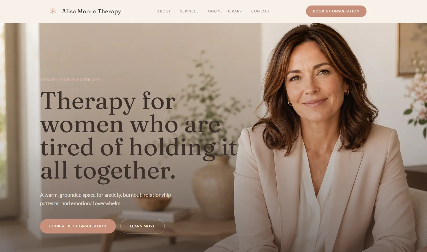 Alisa Moore Therapy website on screen, a calm editorial design for a private therapy practice